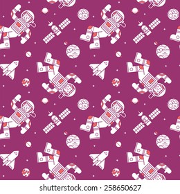 Seamless pattern with cute doodle astronauts, spaceships and planets.