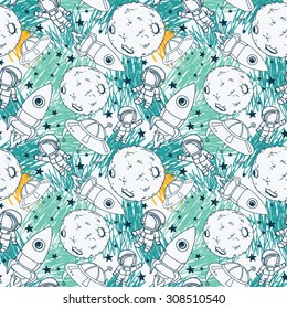 seamless pattern with cute doodle astronauts, planets, rockets and stars on scribble background, retro style, vector illustration