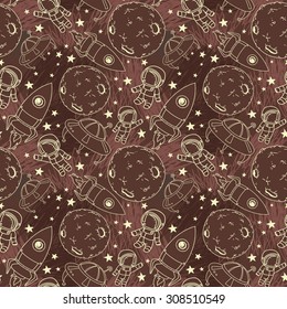 seamless pattern with cute doodle astronauts, planets, rockets and stars on scribble background, retro style, vector illustration