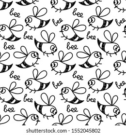 Seamless pattern with cute doodle bee. Vector hand drawn background . Black and white .