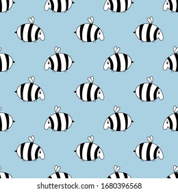 Seamless pattern with cute doodle bee. Vector hand drawn background . Black and white on blue .