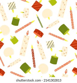 Seamless pattern with cute doodle candles on white background. Vector illustration with textured aromatic pillar candles for wrapping paper, packaging design or printing on any surface