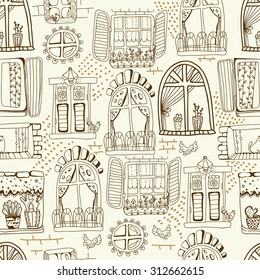 Seamless pattern with cute doodle cartoon windows for fabric or pattern design, Vector