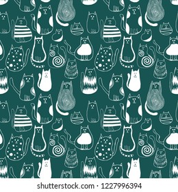 Seamless pattern with cute doodle cats. Outline animal art.