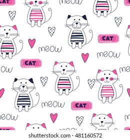 Seamless pattern with cute doodle cats, hearts and lettering.