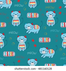 Seamless pattern with cute doodle cats,paws and lettering.