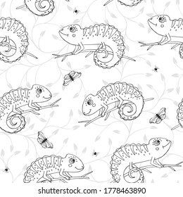 Seamless pattern with cute doodle chameleons with insects on white background. Reptile pattern with doodle chameleons. Ideal print for kids clothes and case phone.
