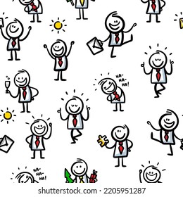 Seamless pattern of cute doodle characters of office life. Vector wallpaper with sketch people in red tie.