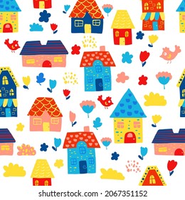 Patrón sin foco de las lindas casas de color de doodle