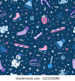 Seamless pattern with cute doodle colored winter icons.