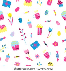 Seamless pattern with cute doodle colorful Easter icons.