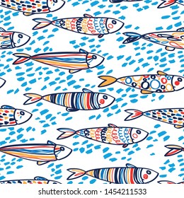 Seamless pattern with cute doodle colorful sardines on white background, sketch style vector illustration