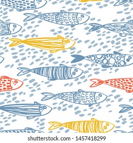 Seamless pattern with cute doodle colorful sardines on white background, sketch style vector illustration