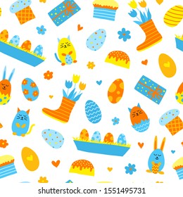 Seamless pattern with cute doodle colorful Easter icons.