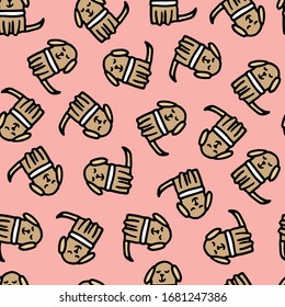 Seamless pattern with cute doodle dogs. Vector illustration with funny brown puppies. Pink background for fabric, textile design, wrapping paper or wallpaper.
