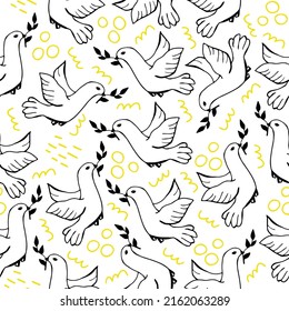 Seamless pattern with cute doodle dove of peace. Hand drawn background with pigeon and abstract shapes. Vector illustration.