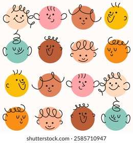 Seamless pattern with cute doodle face set. Diferrent funny faces stickers. Modern isolated vector illustration.