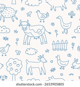 Seamless pattern with cute doodle farm animals. Hand drawn country cow, duck, goose, chicken, sheep, rabbit, goat, pig, flowers, apple tree. Funny rural livestock. Kids line vector illustration.