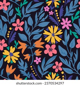 Patrón sin brillo con adorables doodle de elementos florales. Ilustración dibujada a mano por vectores.