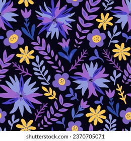 Seamless pattern with cute doodle floral elements. Hand drawn print for textile and design. Colorful vector illustration