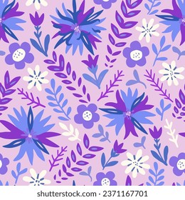 Seamless pattern with cute doodle floral elements. Hand drawn print for textile and design. Colorful vector illustration