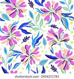Seamless pattern with cute doodle floral elements. Hand drawn ornament with plants and flowers. Vector illustration.