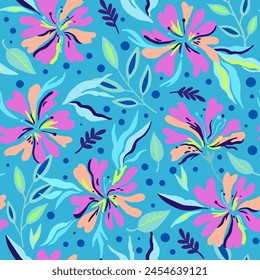 Seamless pattern with cute doodle floral elements. Hand drawn ornament with plants and flowers. Vector illustration.