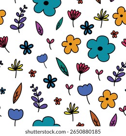 Seamless pattern with cute doodle of flowers and leaves. Seamless pattern for digital printing, graphic design, fabric, or paper.