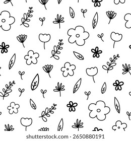 Nahtloses Muster mit süßem Doodle aus Blumen und Blättern. Nahtloses Muster für Digitaldruck, Grafikdesign, Gewebe oder Papier.