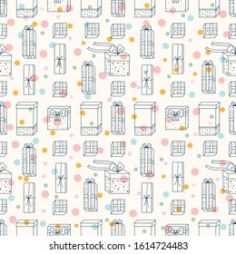 Seamless pattern with cute doodle gifts and presents.