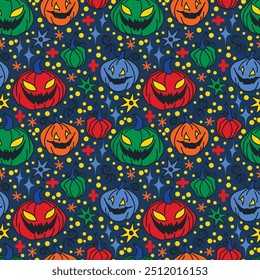 Seamless pattern with cute doodle halloween pumpkins, vector illustration