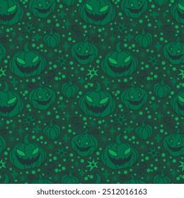 Modelo inconsútil con las calabazas lindas del halloween del doodle, color verde oscuro, Ilustración vectorial