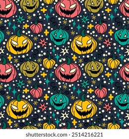 Seamless pattern with cute doodle halloween pumpkins, vector illustration