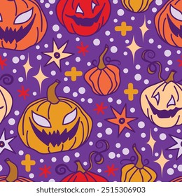 Nahtloses Muster mit niedlichen Doodle Halloween Kürbisse, Vektorgrafik