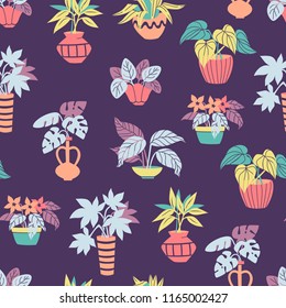 Seamless Pattern with Cute Doodle Hand Drawn Flower Pots on Dark Background.