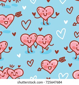 Seamless pattern with cute doodle heart characters on blue background