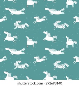 Seamless pattern with cute doodle horses 