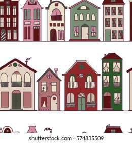 Seamless pattern with cute doodle houses isolated on white background. Street with cartoon houses in red and green colors