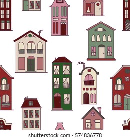 Seamless pattern with cute doodle houses
