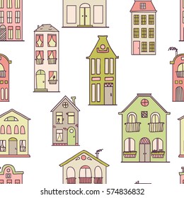 Seamless pattern with cute doodle houses