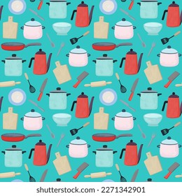 Seamless pattern with cute doodle kitchenware. Vector colorful hand drawn illustration for design and decor.