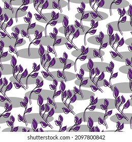 Seamless pattern of cute doodle leaves of purple color and gray ovals on a white background vector illustration