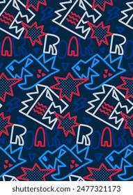 Seamless pattern, Cute doodle line art of the roaring dinosaur cartoon on navy blue background vector.