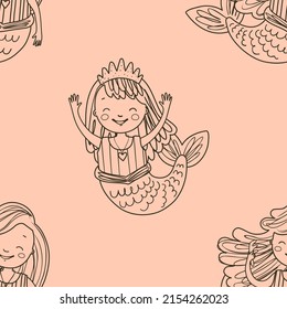 Patrón sin foco con la sirena tierna de doodle sobre fondo polvoriento rosa. Fondo digital marino con elementos dibujados a mano vectorial. Patrón sin fisuras para tela infantil, textil y papel de libro de recortes.