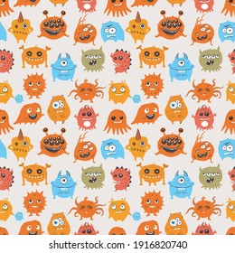 Seamless pattern with cute doodle monsters. Can be used for wallpaper, pattern fills, textile, web page background, surface textures