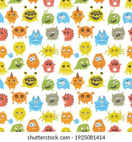 Seamless pattern with cute doodle monsters. Can be used for wallpaper, pattern fills, textile, web page background, surface textures