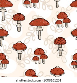 Seamless pattern of cute doodle mushrooms. Poisonous mushroom, fly agaric. Vector hand illustration