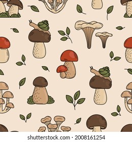 Seamless pattern of cute doodle mushrooms. Edible mushrooms, ingredients for cooking, salads. Vegetarianism. Vector hand illustration