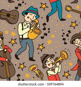 seamless pattern with cute doodle musicians in 1920's style, jazz or blues music band, vector illustration