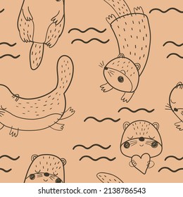 Seamless pattern with cute doodle otter on caramel background. Light brown digital background with vector hand drawn elements. Seamless pattern for kids fabric, textile and scrapbook paper.